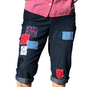 Patchwork Denim Patriotic Capri Pants: Upcycled 4th of July Summer Jeans, Size 8